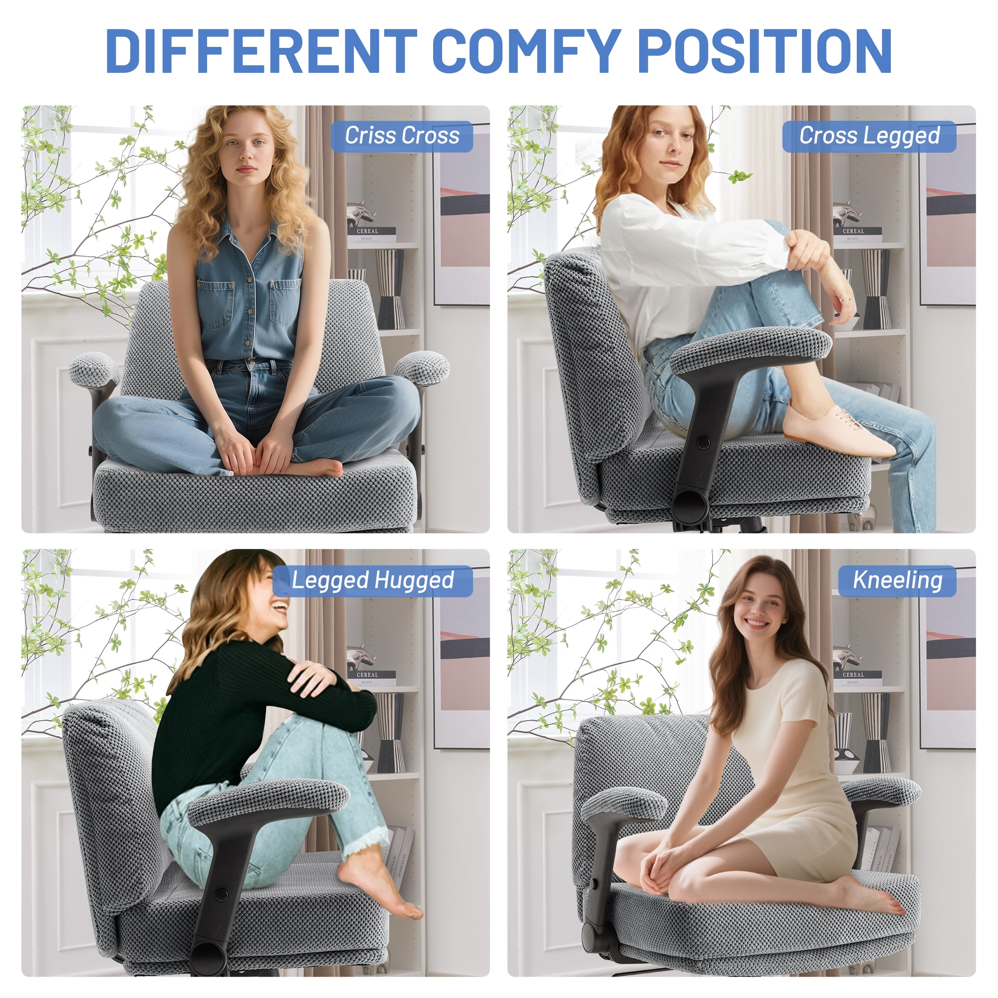 Criss Cross Chair With Wheels And Flip Arms- Comfy Fabric Cross Legged Office Chair With Thick Cushion&Wide Seat, Adjustable Swivel Desk Chair For Home Office, Apartment, Bedroom_voghion.com